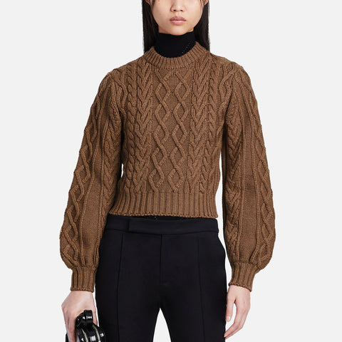 Chunky Cable Bell Sleeve Sweater Dark Camel