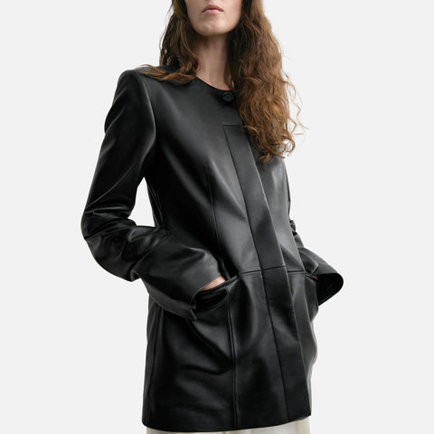 Collarless Leather Jacket Black