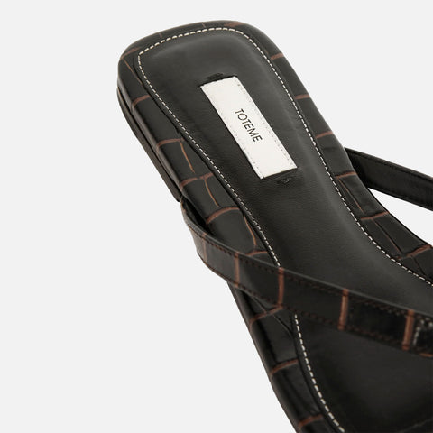 Croco-Embossed Flip Flops Dark Brown