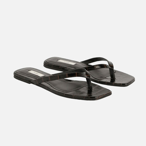 Croco-Embossed Flip Flops Dark Brown