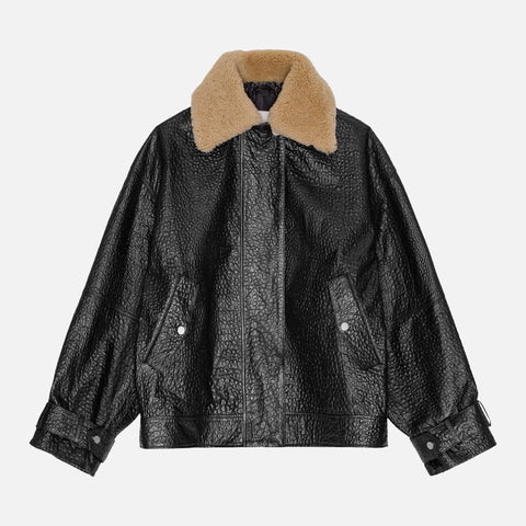 Maxime Embossed Leather Bomber Black/Creme
