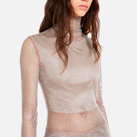 Noemi Mesh Turtleneck Silver Rhinestones