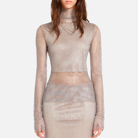Noemi Mesh Turtleneck Silver Rhinestones
