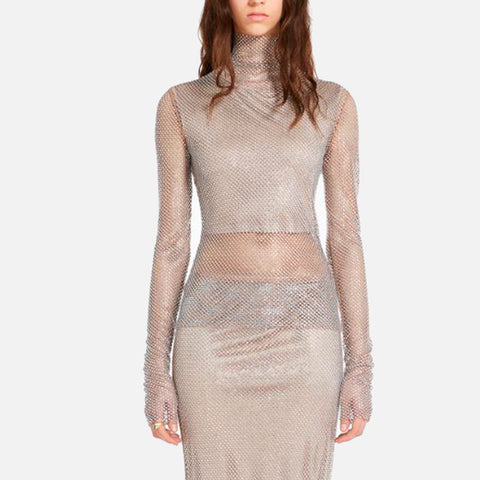 Noemi Mesh Turtleneck Silver Rhinestones
