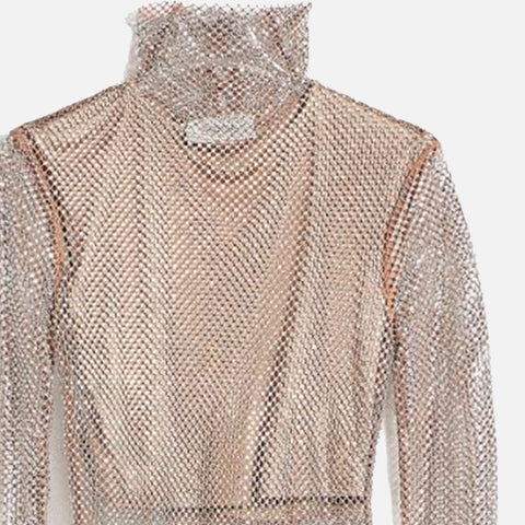 Noemi Mesh Turtleneck Silver Rhinestones