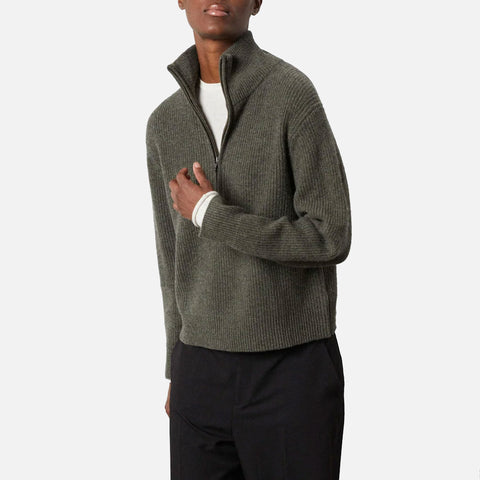 Premium Rib Zip Turtleneck Army Melange