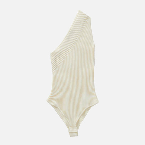 Ribbed Asymmetric Sleeveless Bodysuit Creme