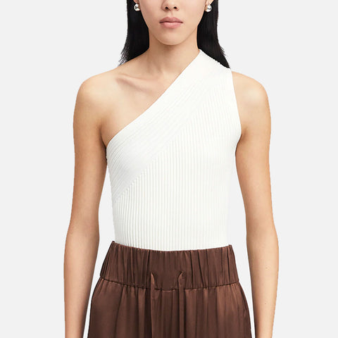 Ribbed Asymmetric Sleeveless Bodysuit Creme