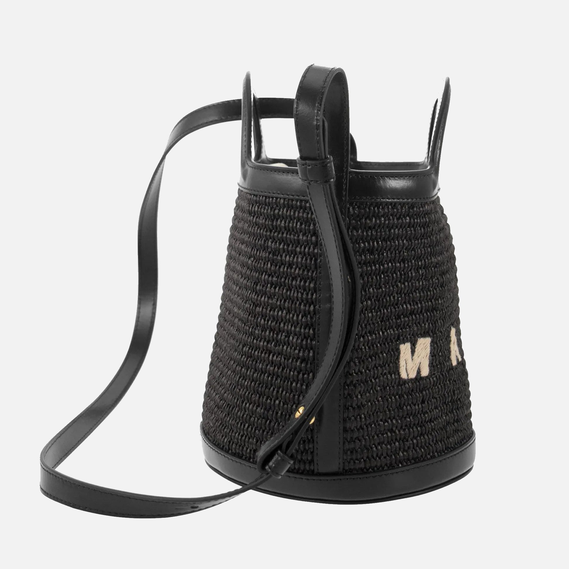 Raffia Mini Bucket Bag Black