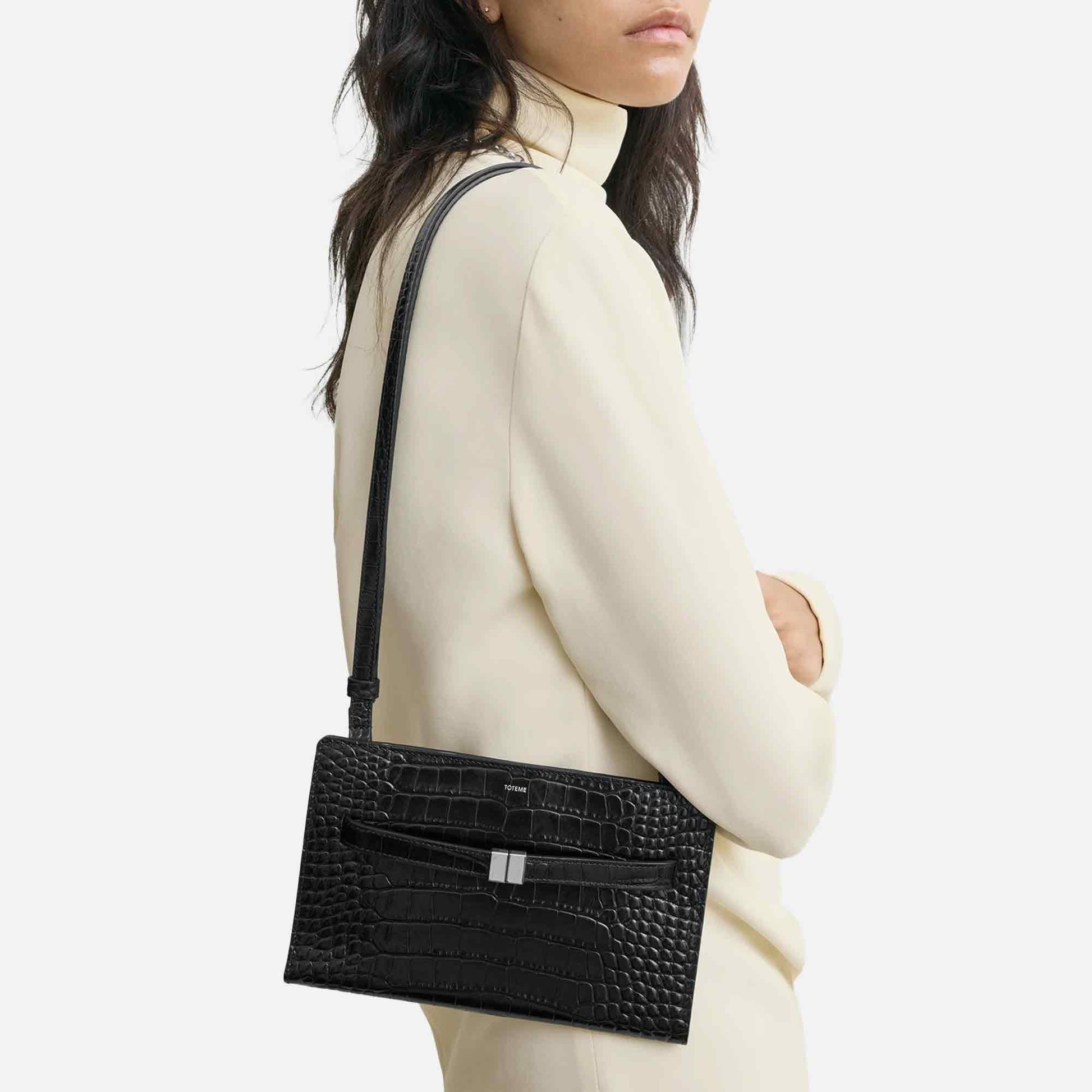 Belted Croco-Embossed Crossbody Bag Black