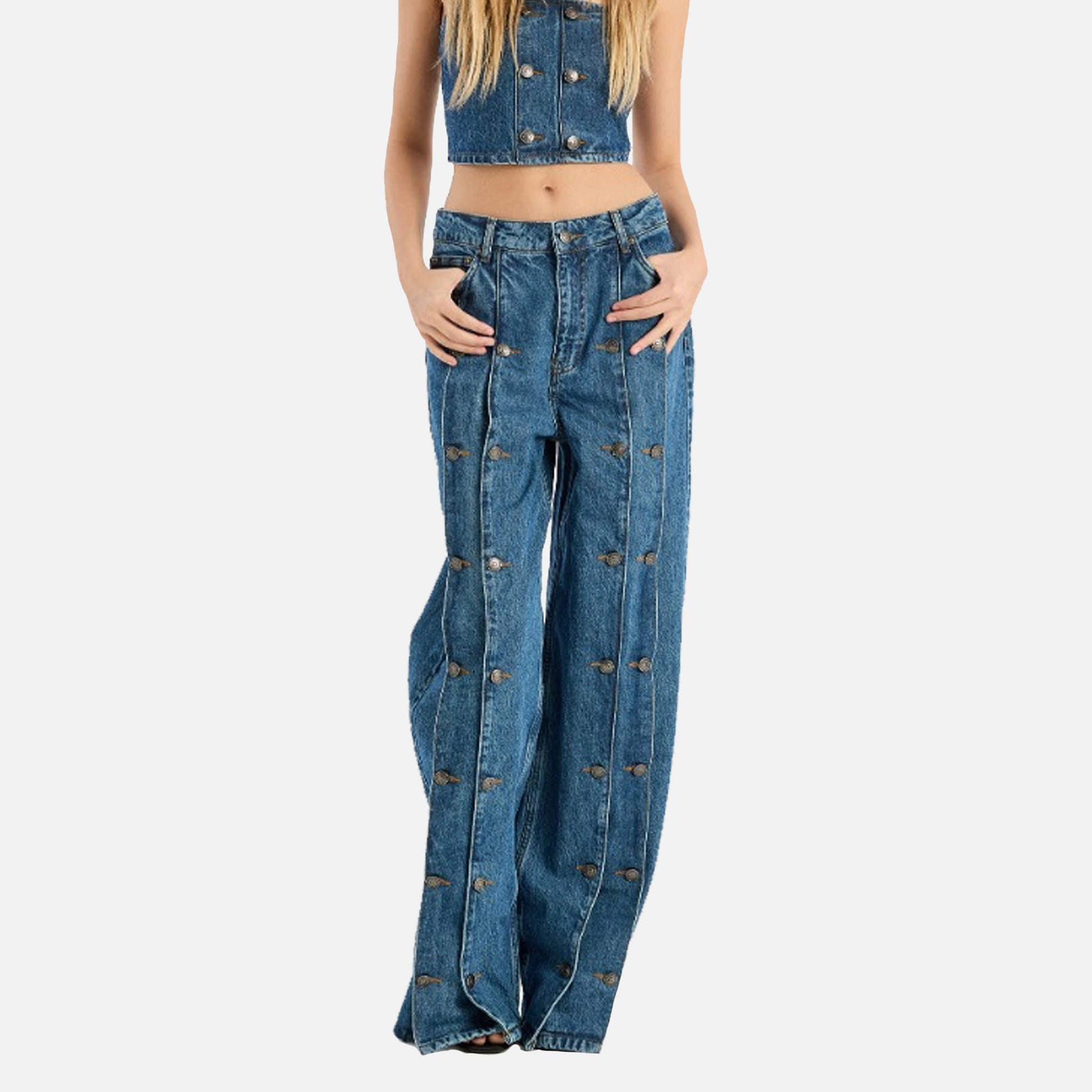 Button Detail Wide Jeans Medium Blue Denim