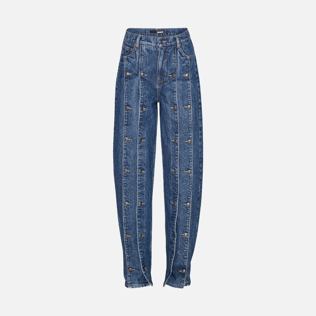 Button Detail Wide Jeans Medium Blue Denim