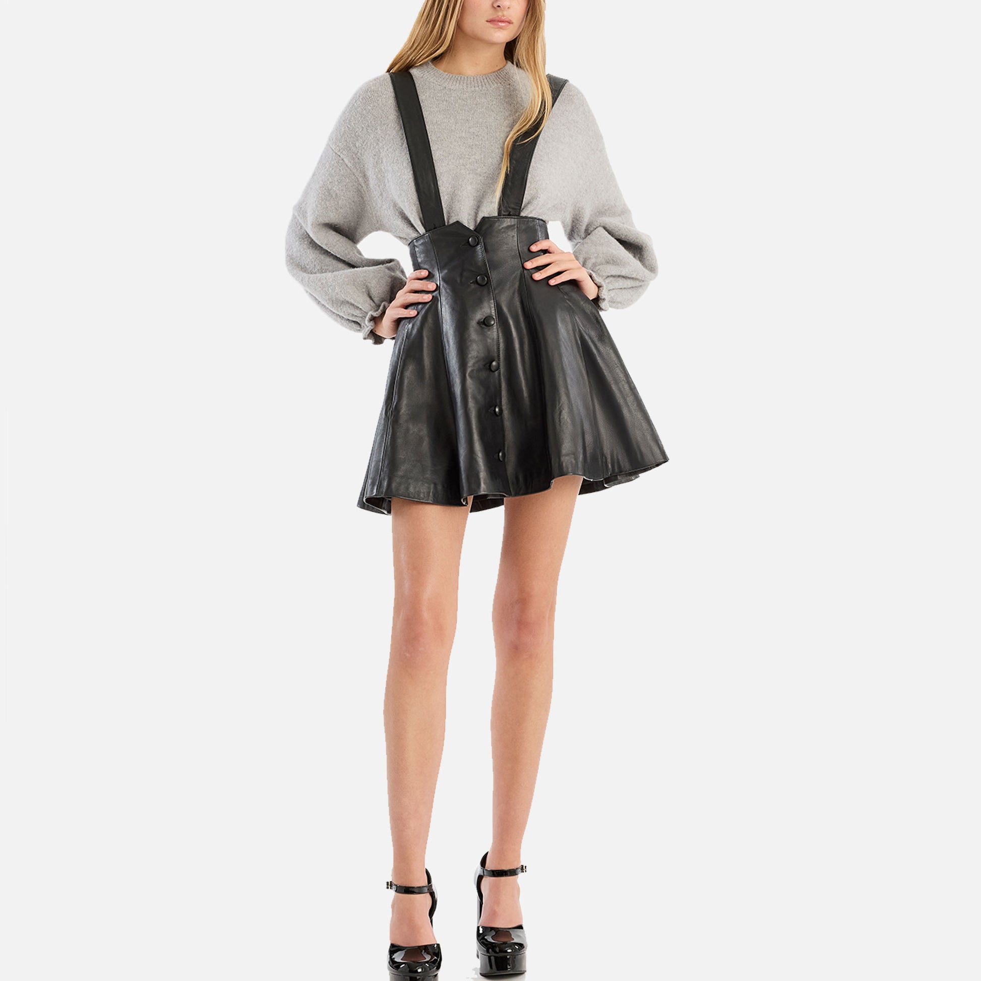 Buttoned Leather Skirt Black