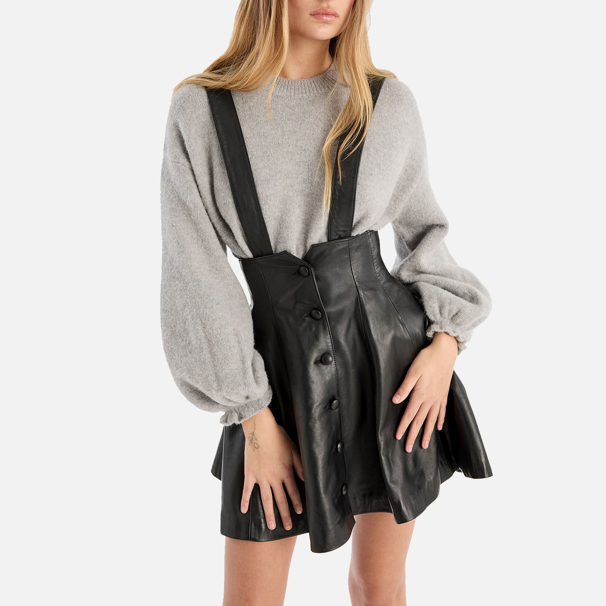 Buttoned Leather Skirt Black