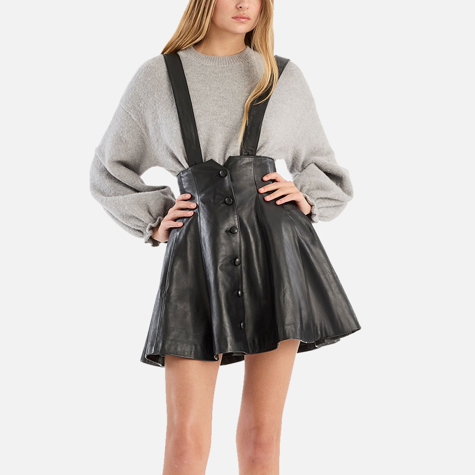 Buttoned Leather Skirt Black