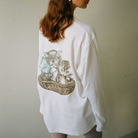 Oversized Long Sleeve Cat T-shirt White