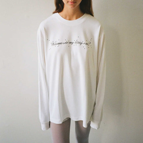 Oversized Long Sleeve Cat T-shirt White