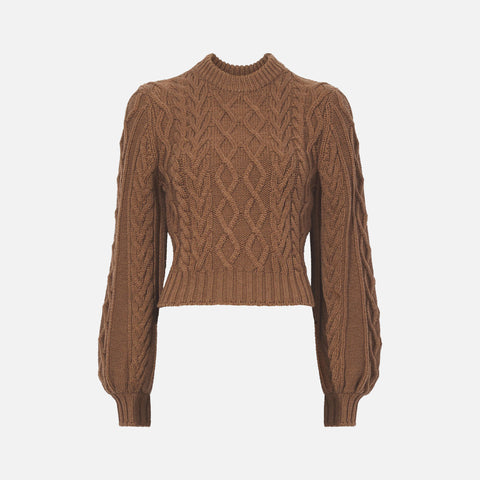 Chunky Cable Bell Sleeve Sweater Dark Camel
