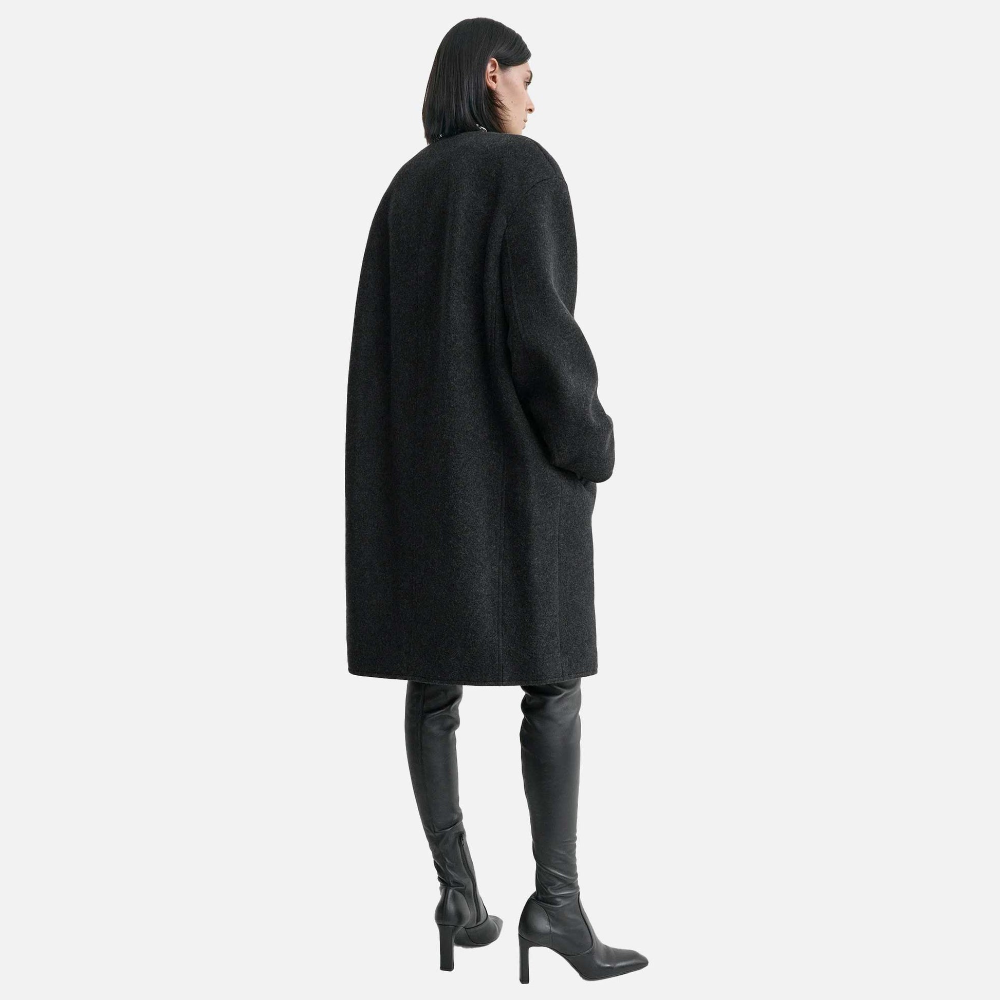Collarless Felt Coat Charcoal Melange