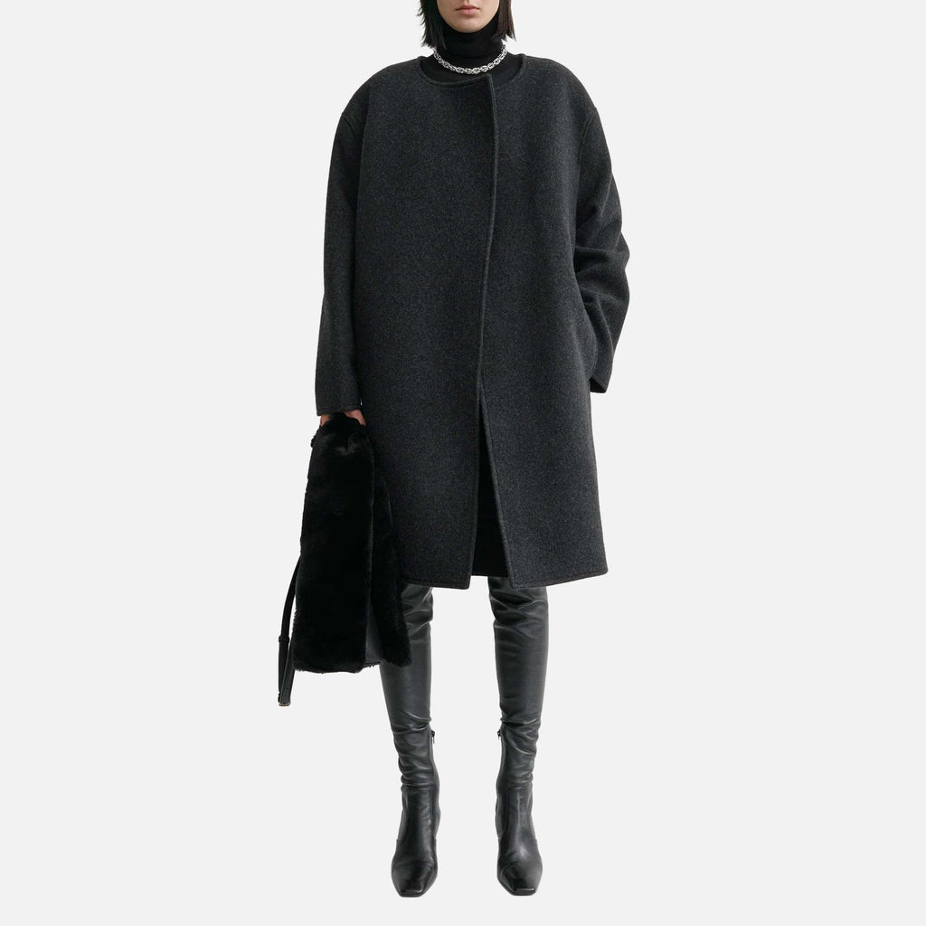 Collarless Felt Coat Charcoal Melange