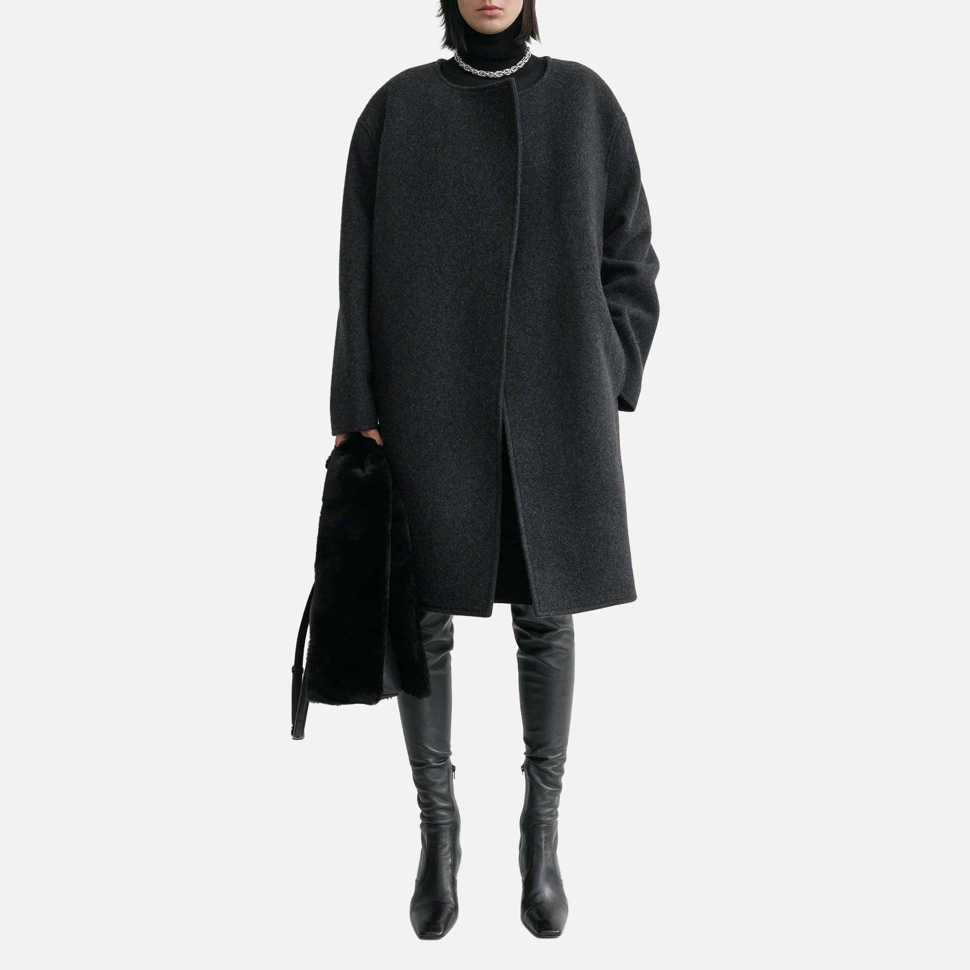 Collarless Felt Coat Charcoal Melange