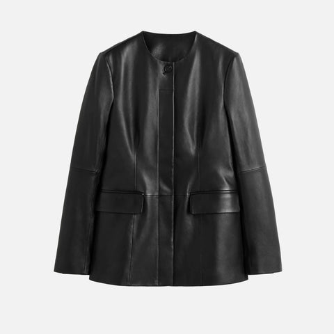 Collarless Leather Jacket Black