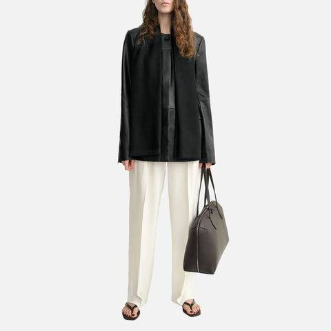 Collarless Leather Jacket Black
