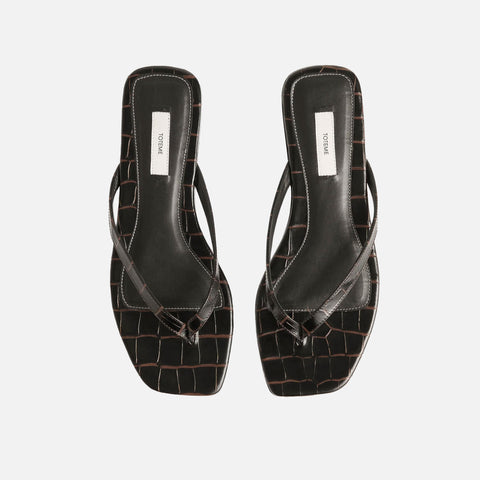 Croco-Embossed Flip Flops Dark Brown