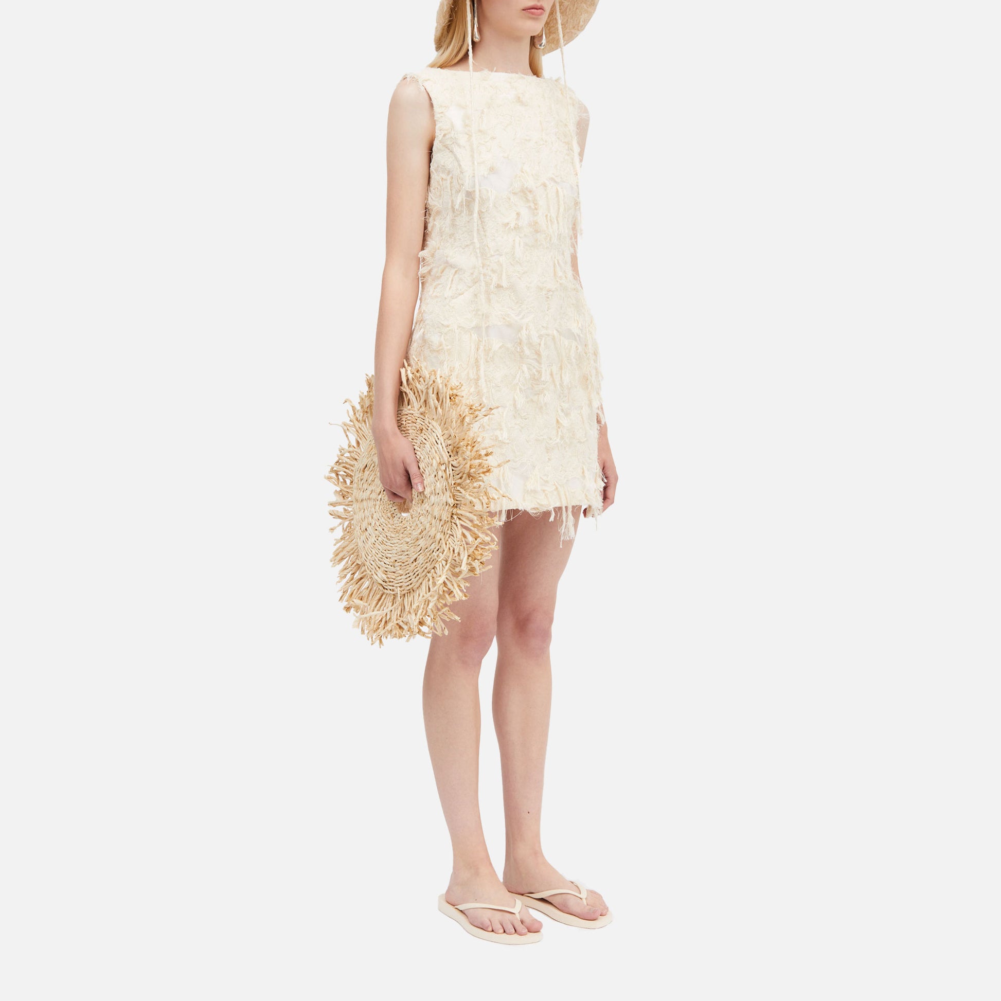 Dashan-Atelier Fringy Jacquard Dress Creme