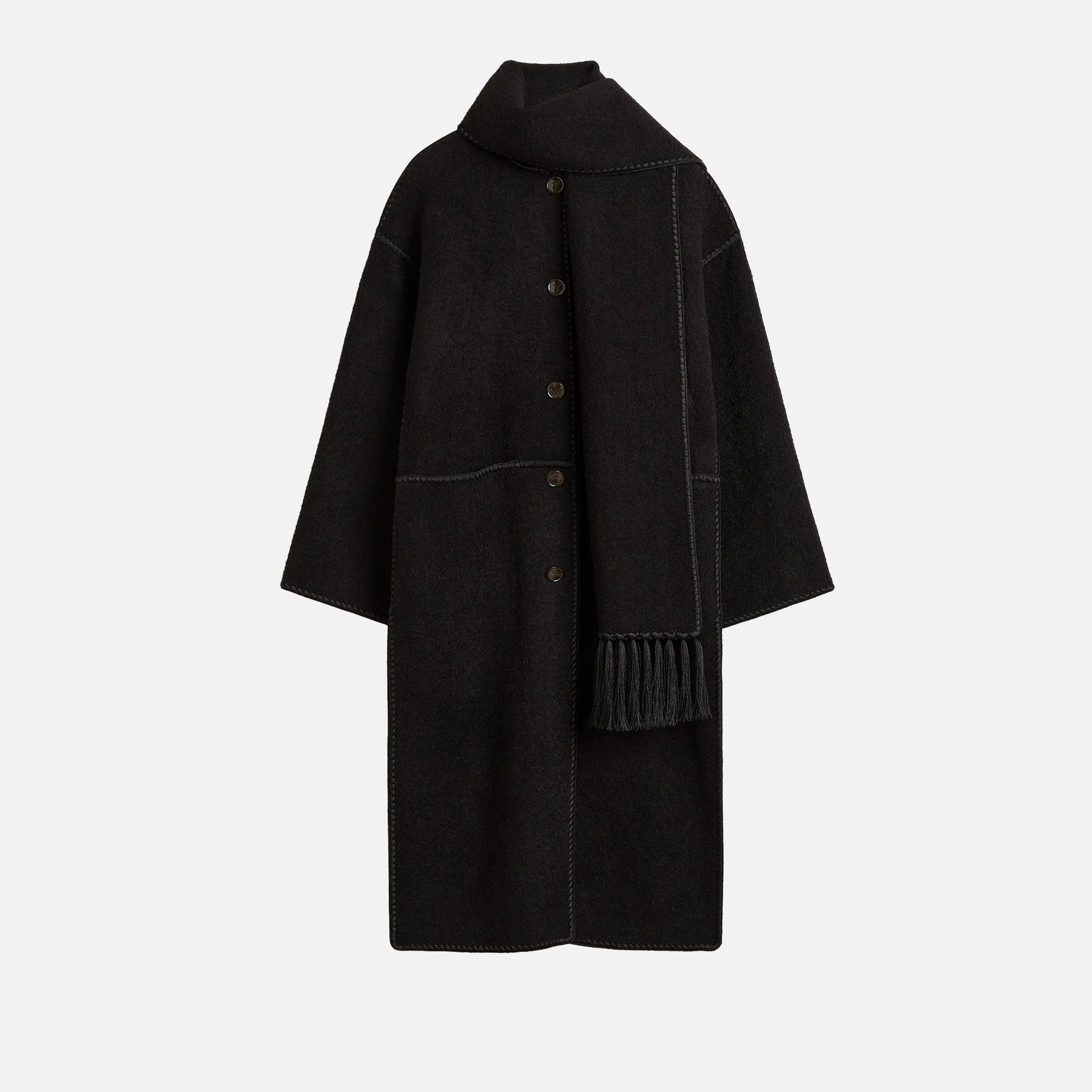Embroidered Scarf Coat Black