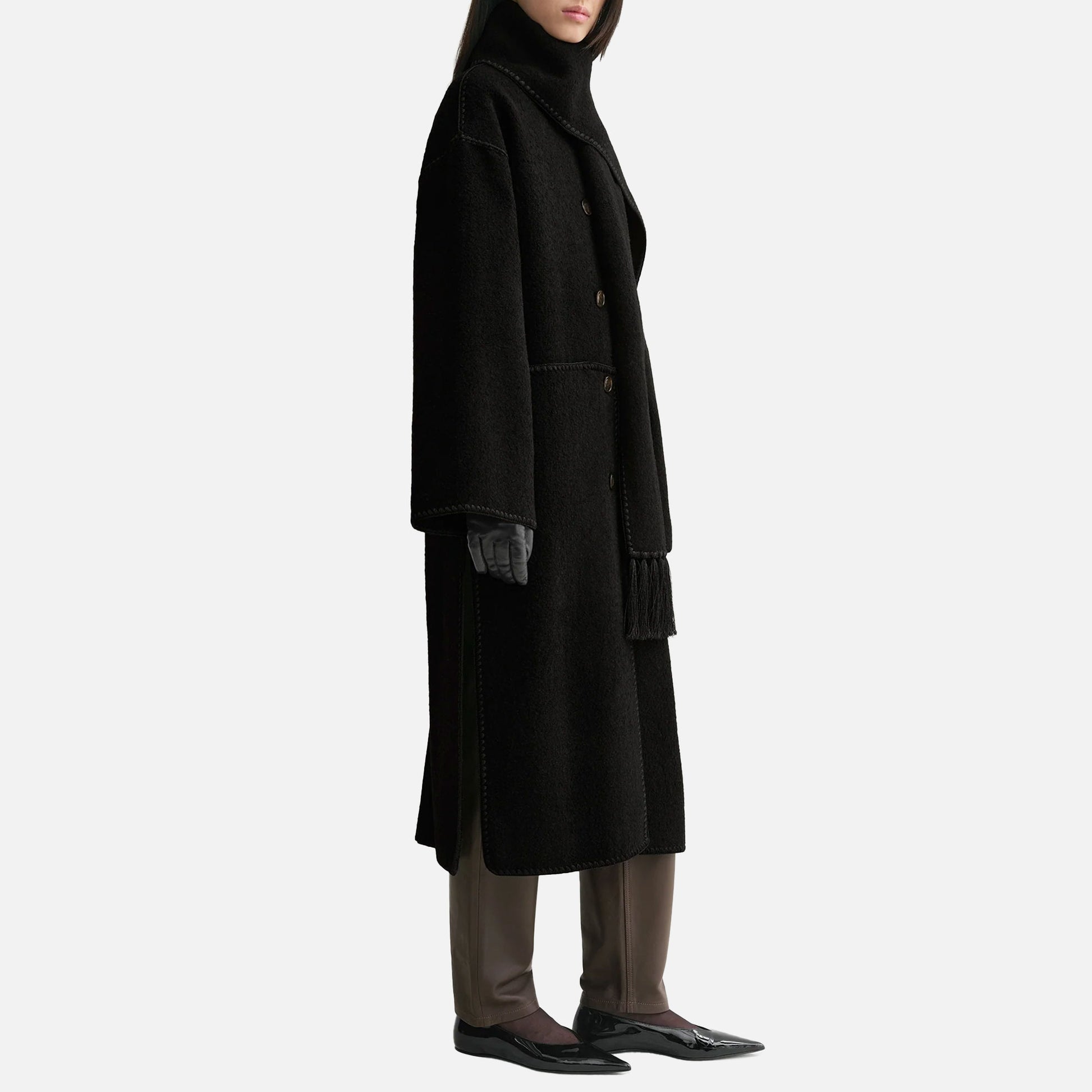 Embroidered Scarf Coat Black