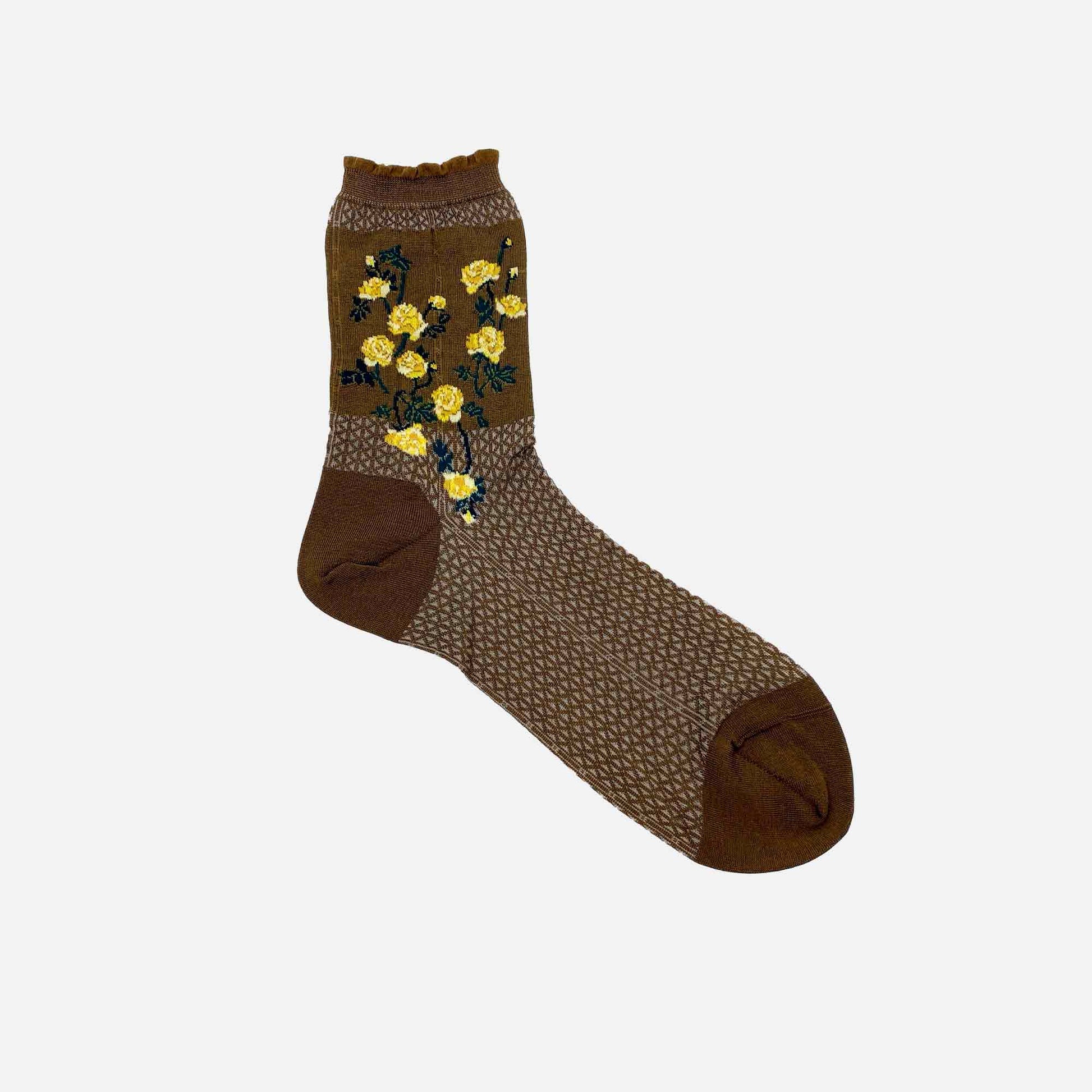 Flowers On Basket Socks Khaki