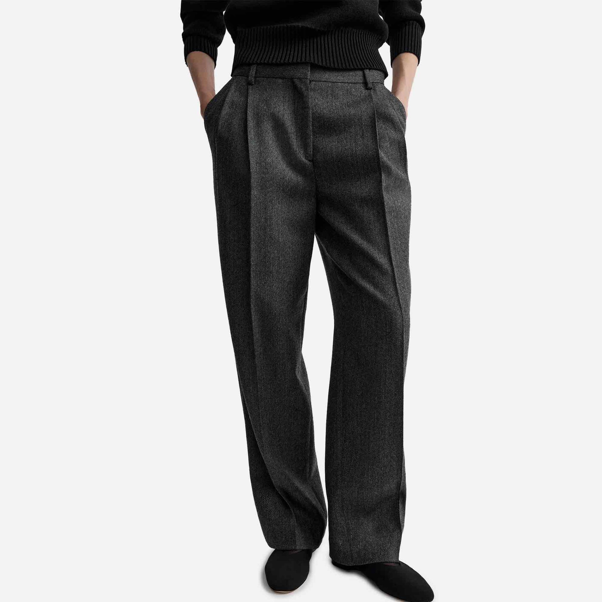 Herringbone Double-Pleat Trousers Dark Grey Melange