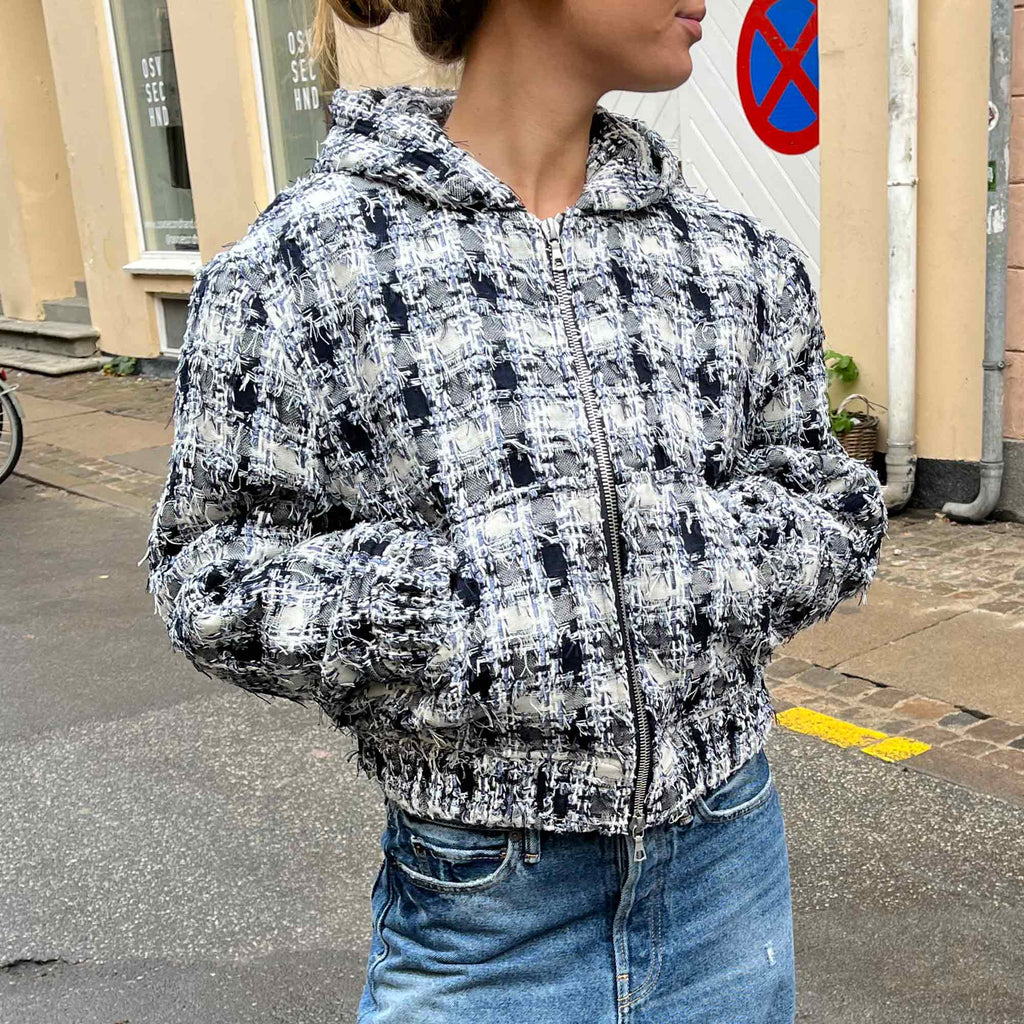 Hooded Zip-Up Jacket Navy White Flag Check