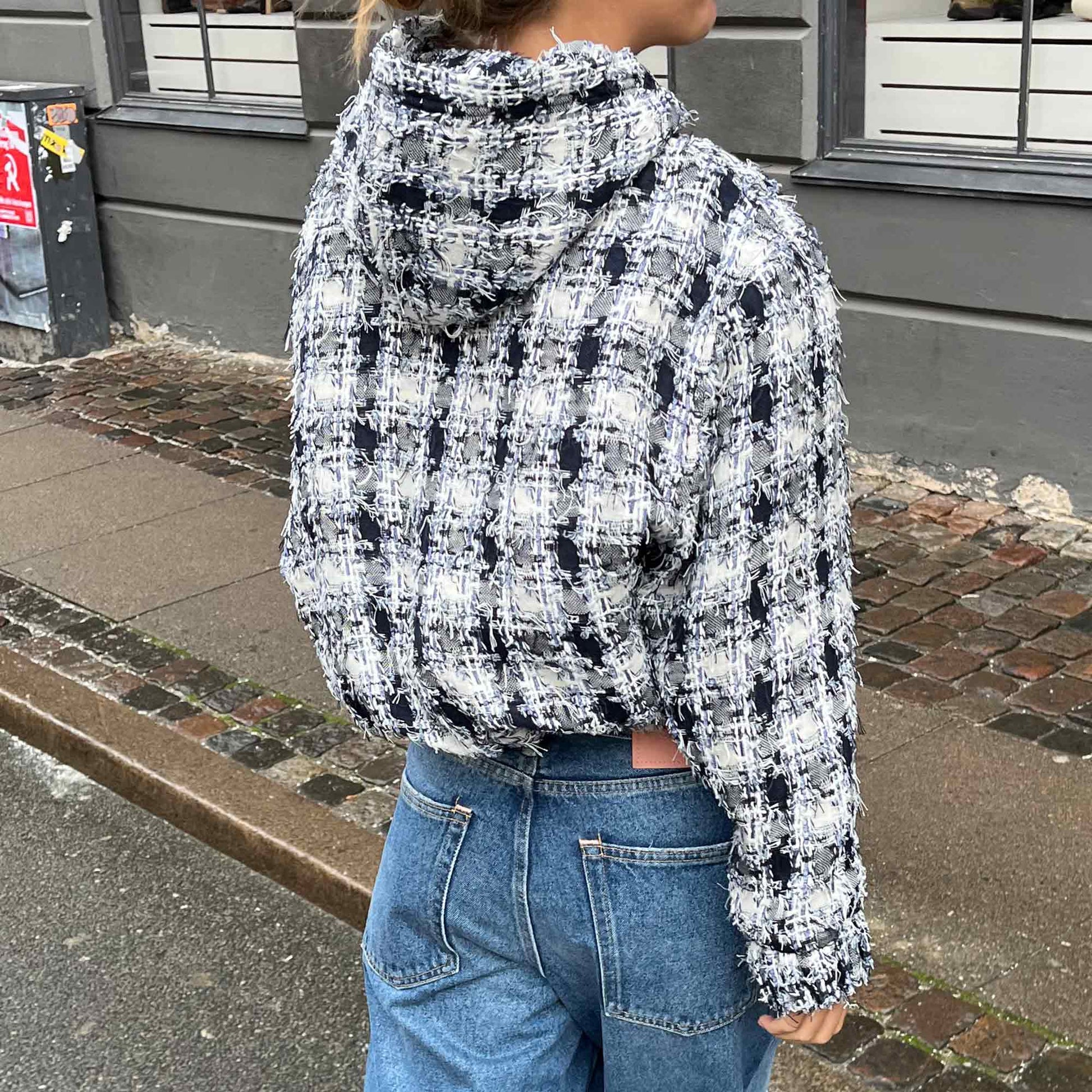 Hooded Zip-Up Jacket Navy White Flag Check