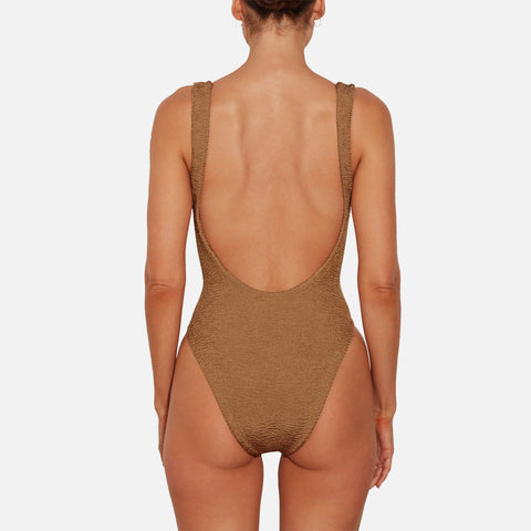 Square Neck Swimsuit Crinkle Metallic Cocoa