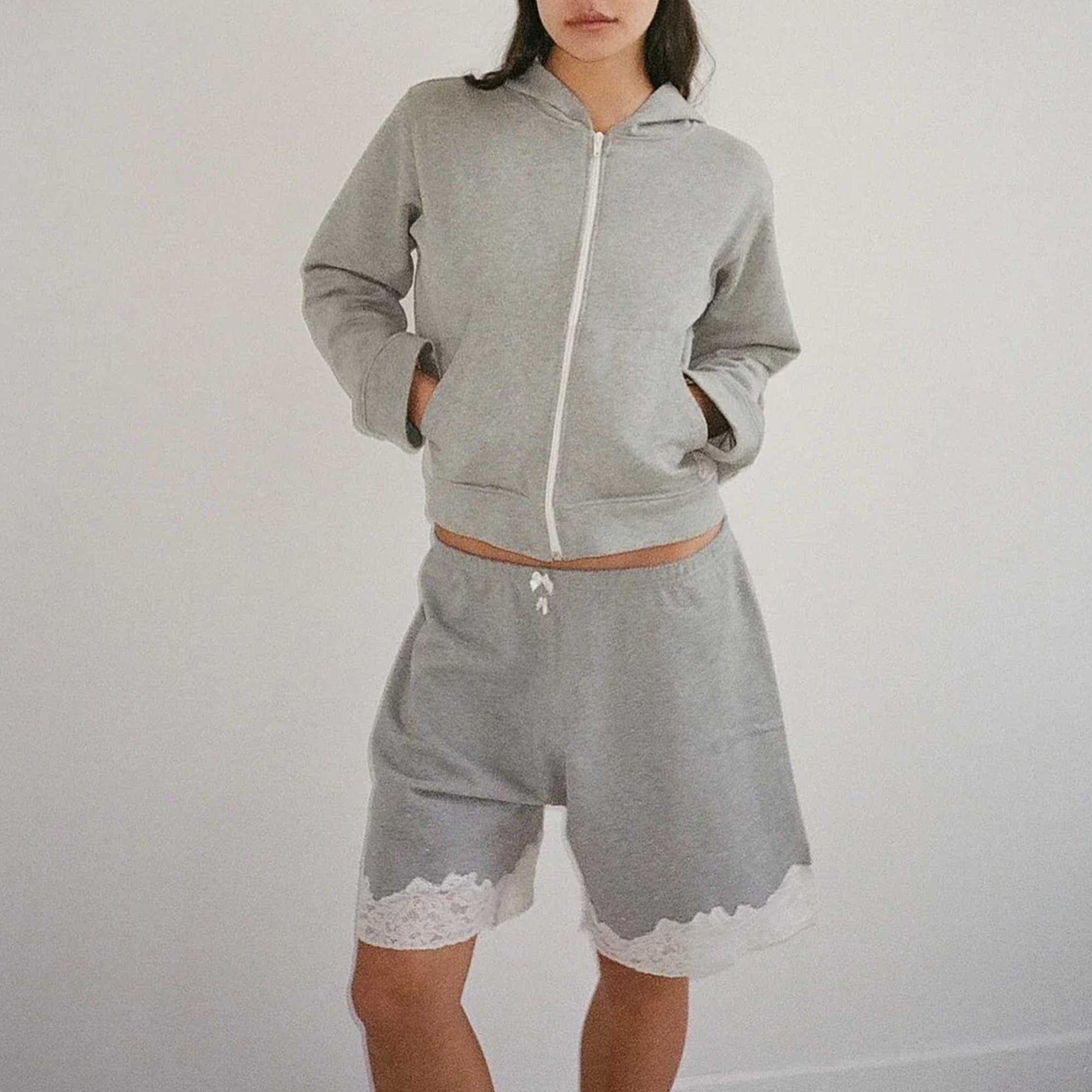 Lace Bermuda Sweatshorts Light Grey Melange