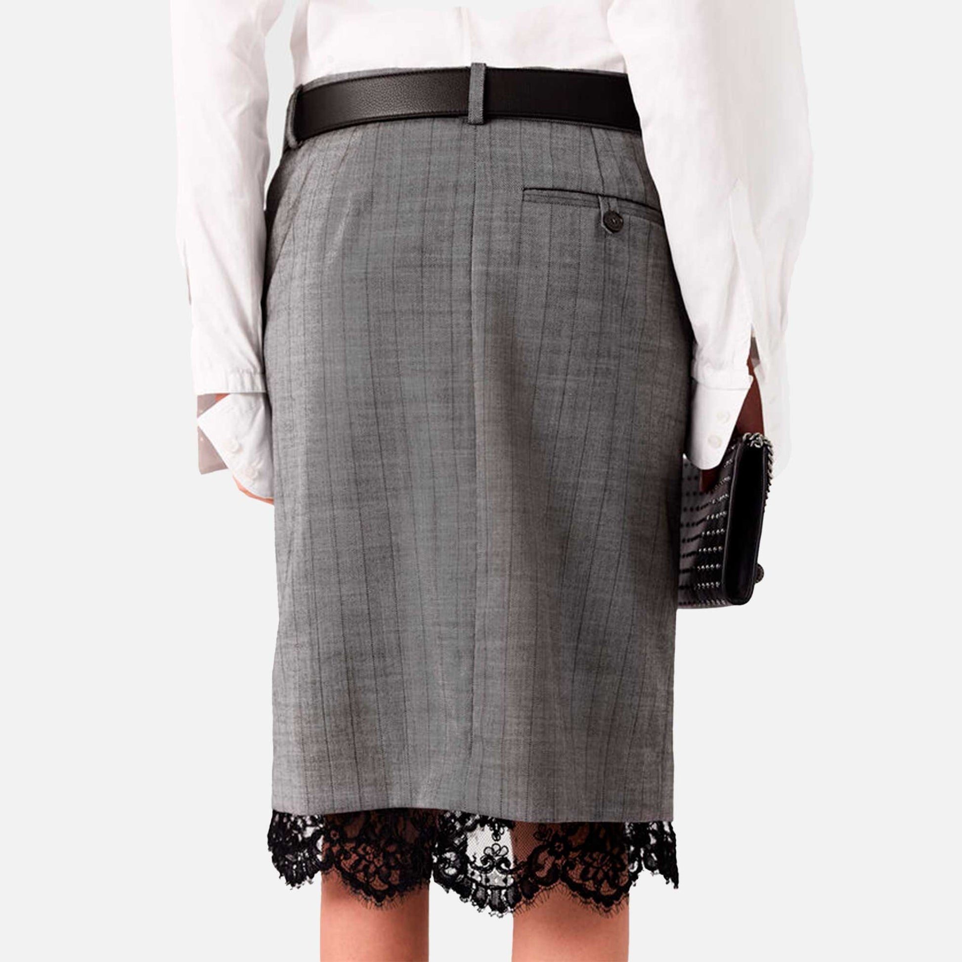Lace-Trimmed Pinstripe Midi Skirt Grey