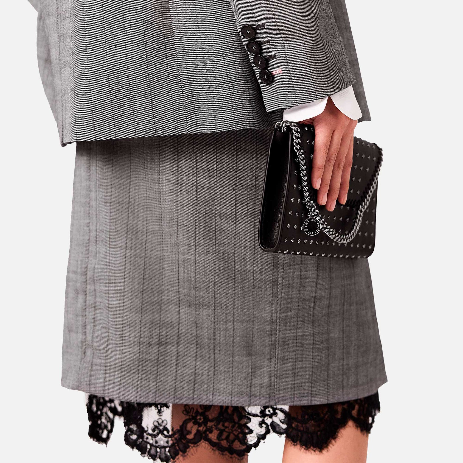 Lace-Trimmed Pinstripe Midi Skirt Grey