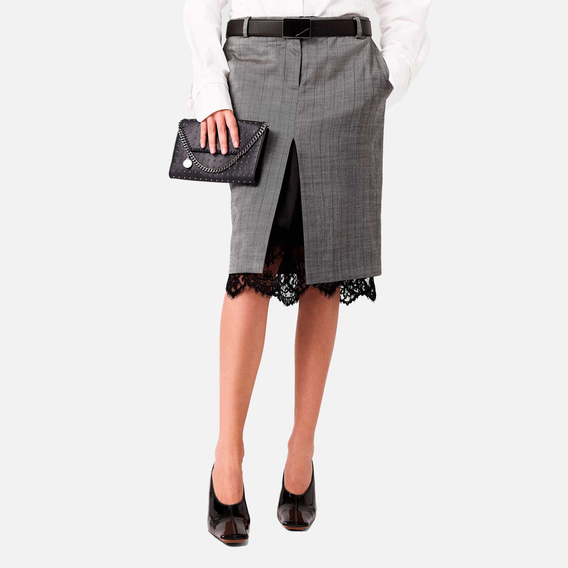 Lace-Trimmed Pinstripe Midi Skirt Grey