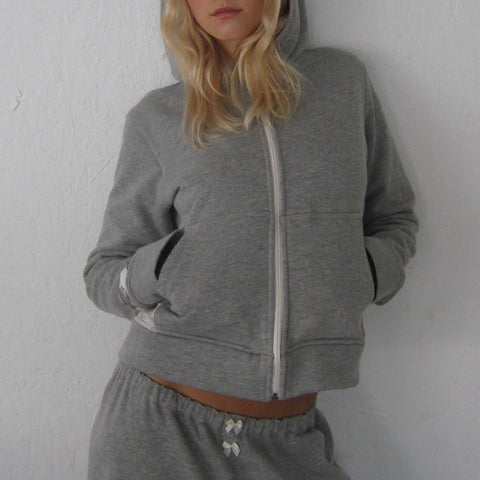 Lace Zip-Up Hoodie Light Grey Melange