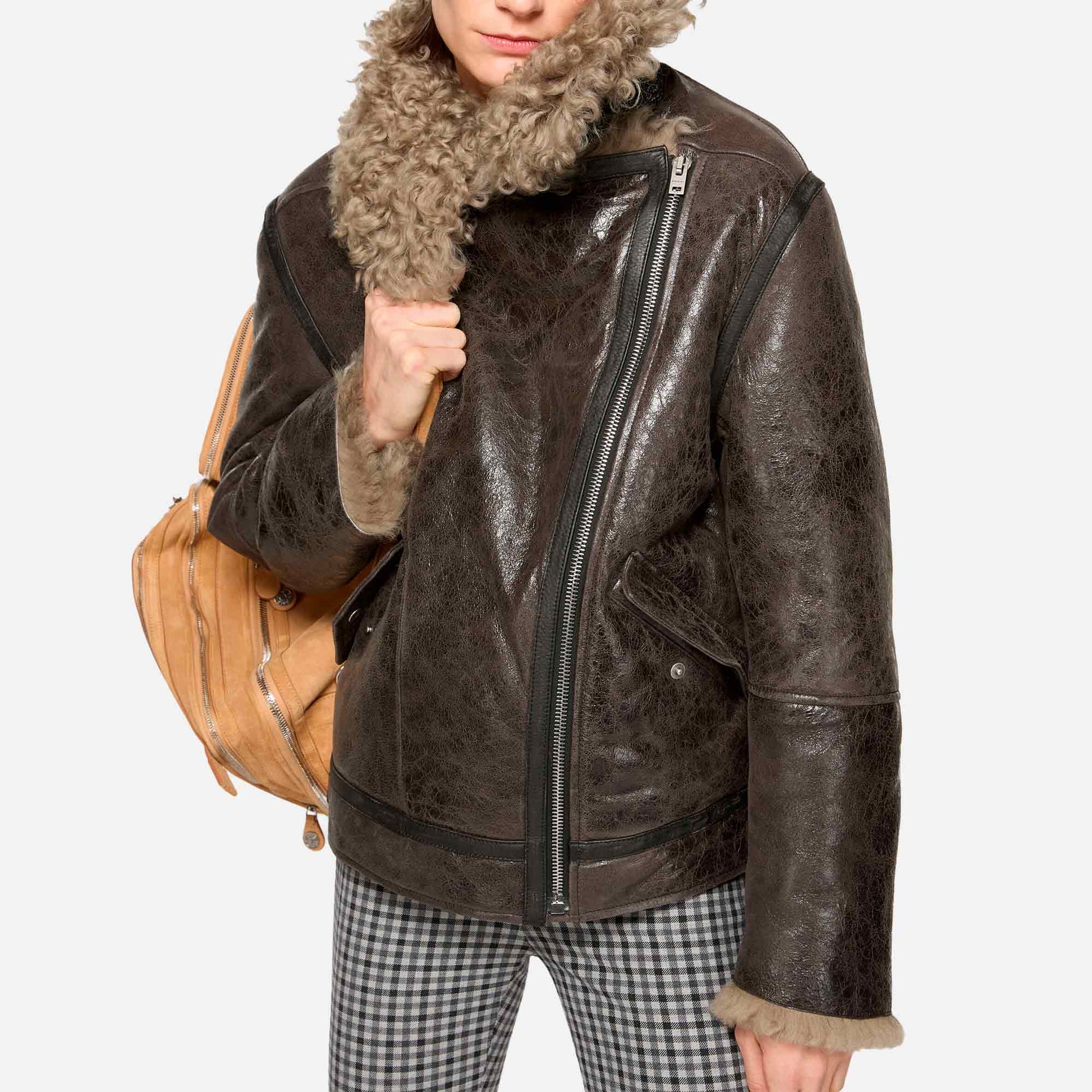 Leather Shearling Jacket Dark Grey