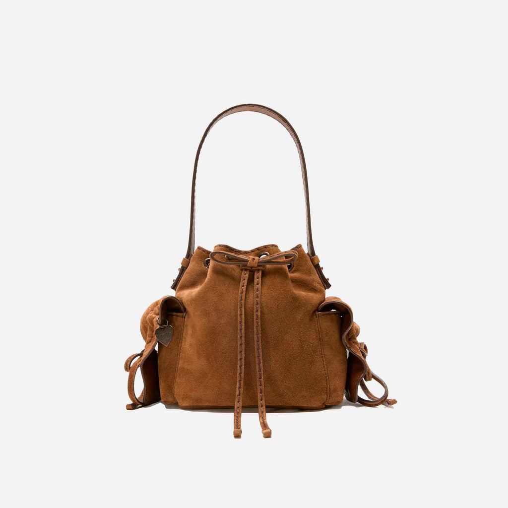 Multipocket Mini Bucket Bag Suede Cognac Brown