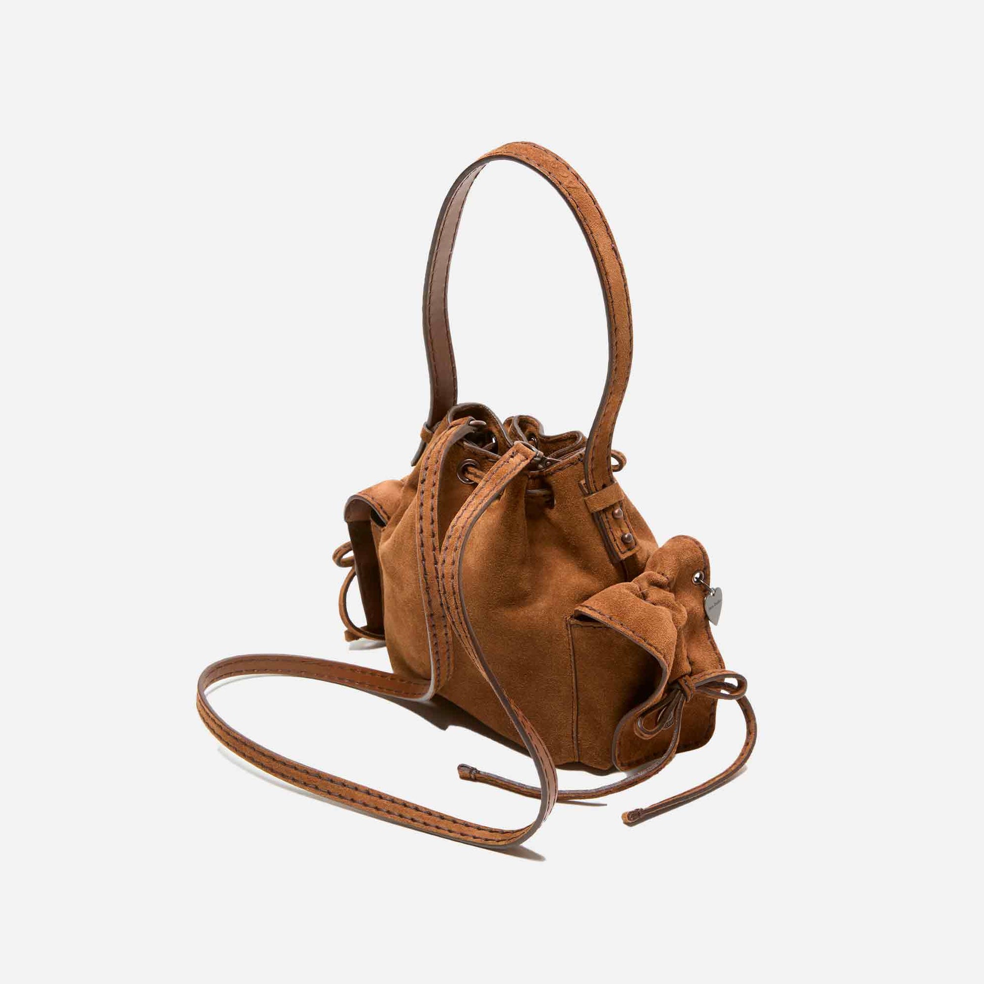 Multipocket Mini Bucket Bag Suede Cognac Brown