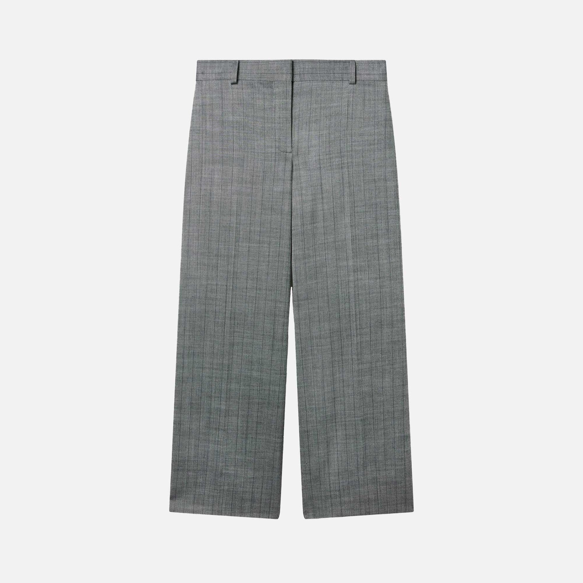 Pinstripe Pleated Straight-Leg Trousers Grey