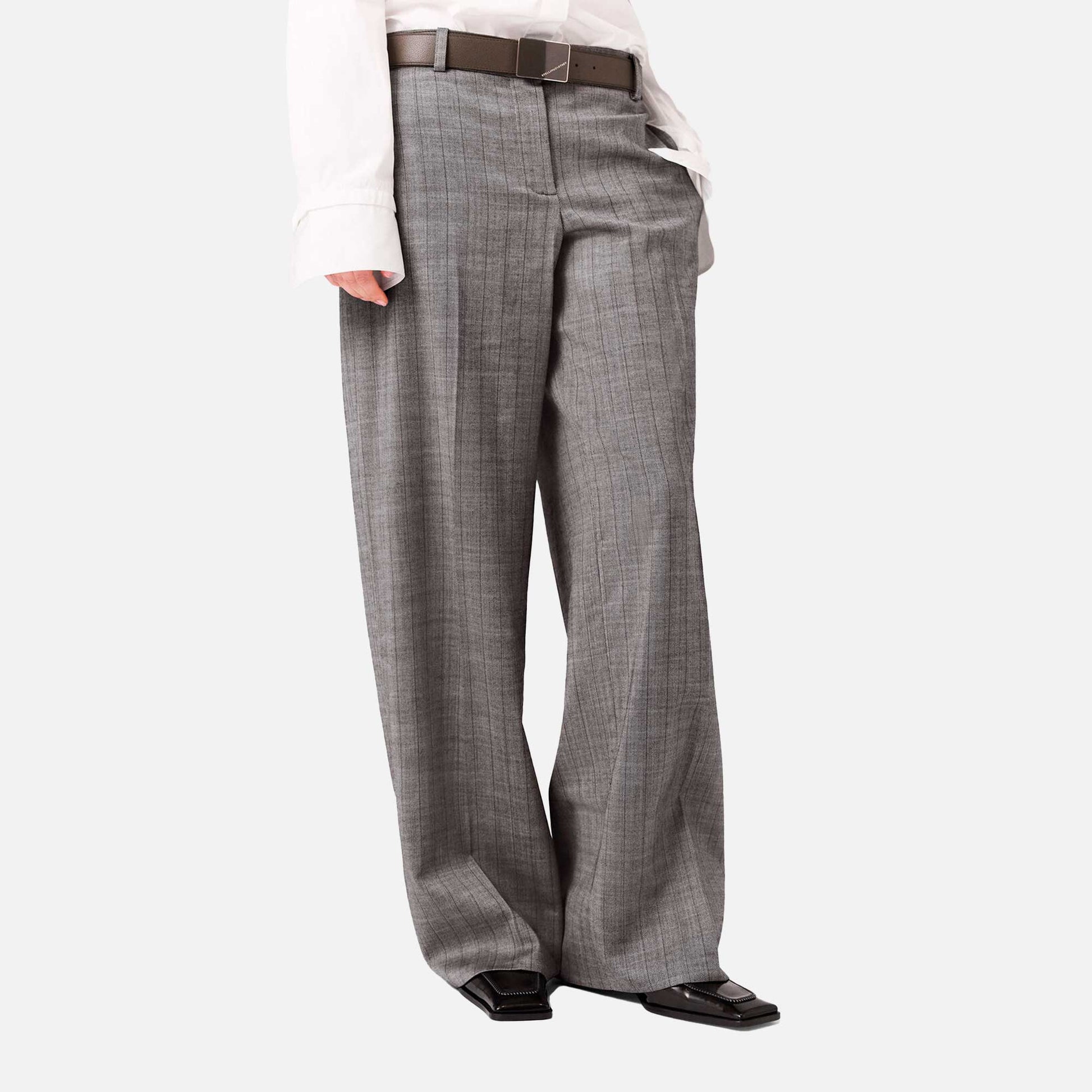 Pinstripe Pleated Straight-Leg Trousers Grey