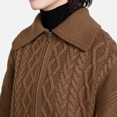 Relaxed Chunky Cable Zip Sweater Dark Camel