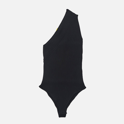 Ribbed Asymmetric Sleeveless Bodysuit Black