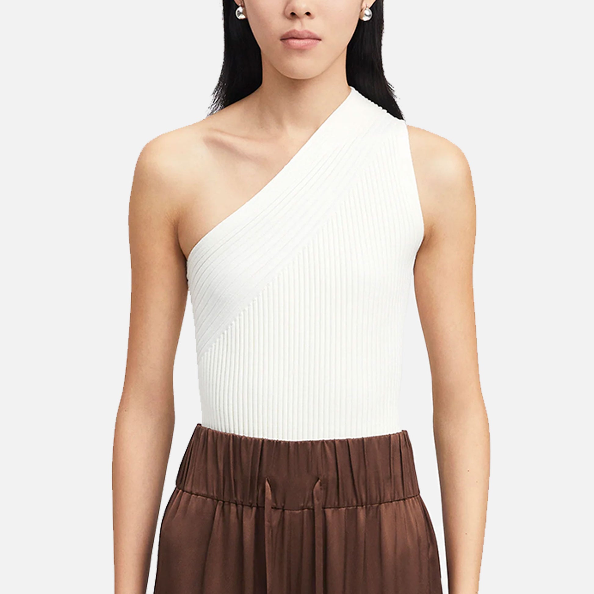 Ribbed Asymmetric Sleeveless Bodysuit Cream