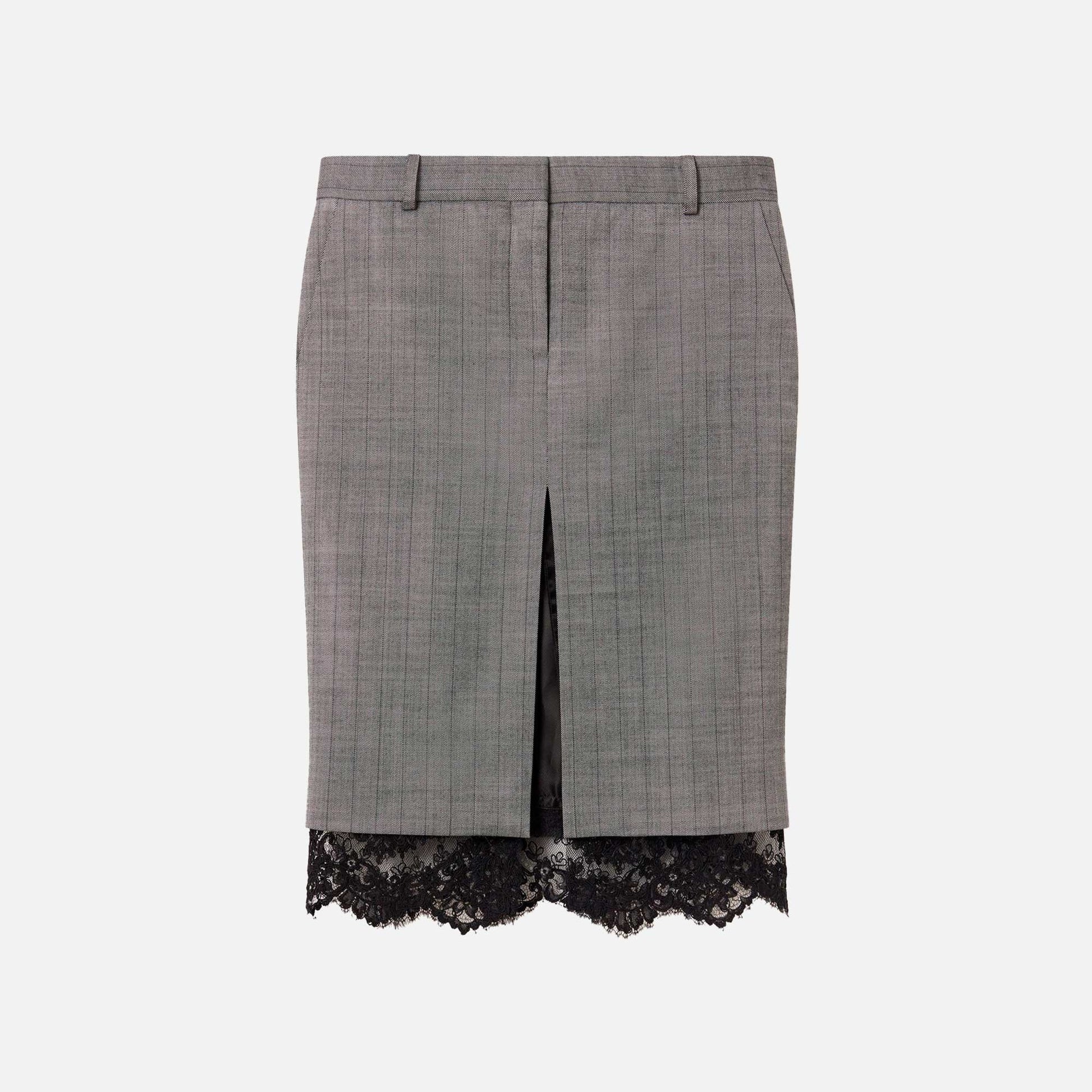Lace-Trimmed Pinstripe Midi Skirt Grey